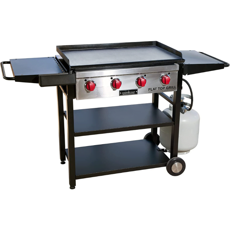 Camp Chef Flat Top Grill, True Seasoned Griddle Surface, Four 12,000 BTUs/Hr. stainless steel Burners